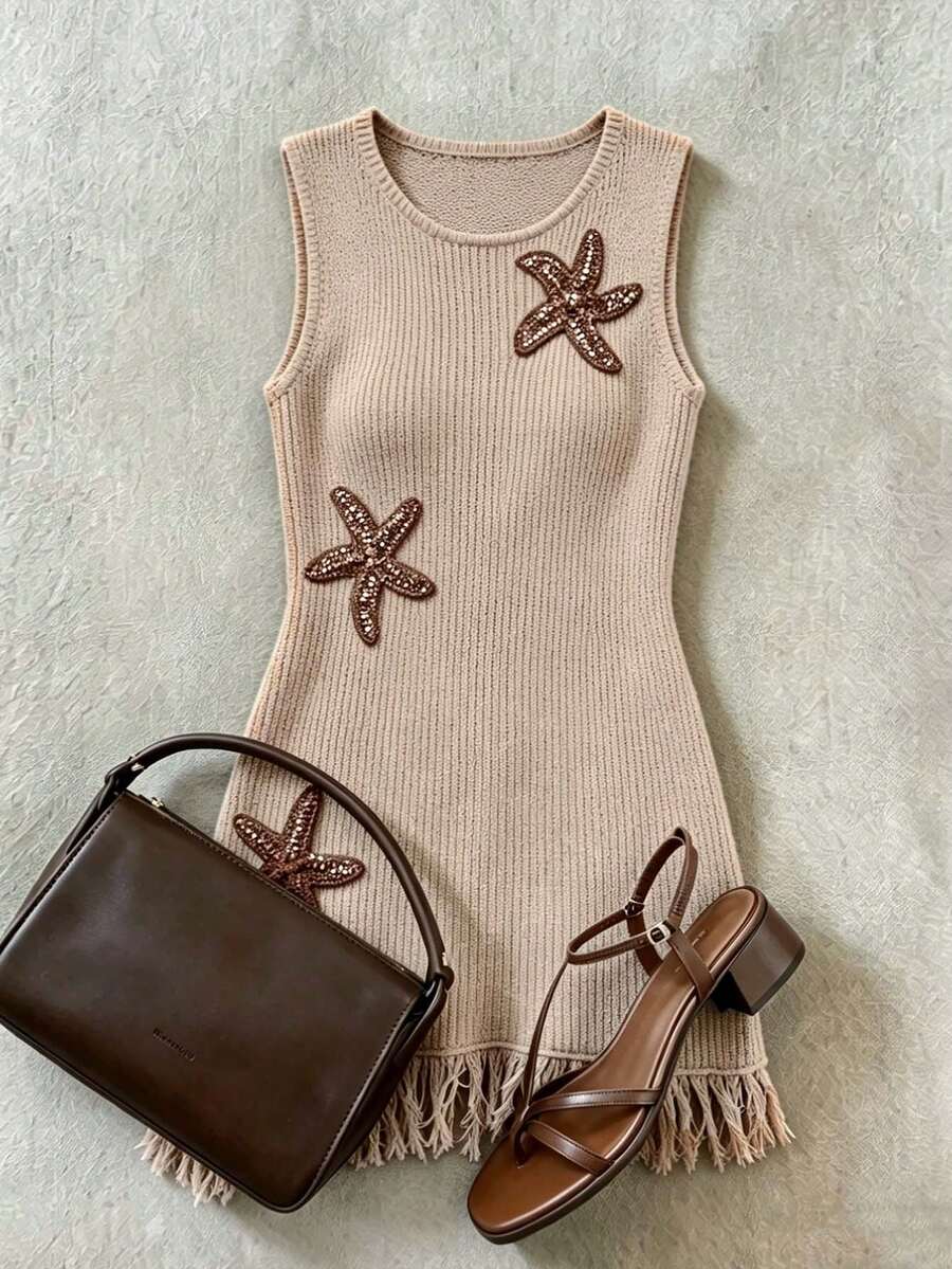 Muvela Women's Fashionable Beach Dress With Knitted Starfish And Shiny Tassel Trim, Suitable For Spring And Summer