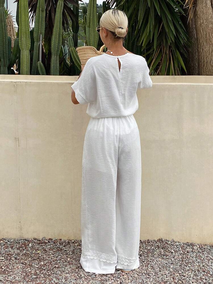 Women's Textured Vacation French Lace Crew Neck Blouse And Casual Loose Pants 2 Pieces Set