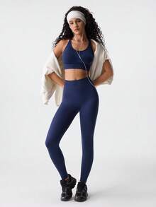 1pc Women's Casual Outdoor Yoga Fitness Running Shaping Tights, Christmas Outfit Women High Waist Shapewear, Slimming Waist Belt Leggings, Women Skinny Pants, Shaping & Slimming - Navy Blue - View 8