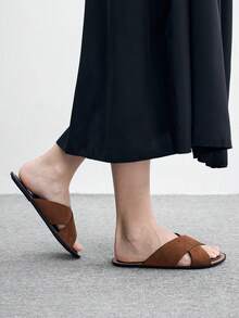 CUCCOO BIZCHIC 女士时尚休闲交叉绑带露趾绒面平底凉鞋，舒适易穿，日常穿着，防滑耐穿透气，度假风拖鞋夏季鞋履 - 棕色 - 查看 6