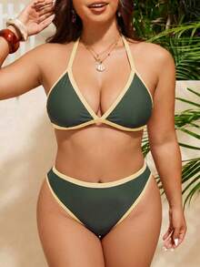 Swim Mod Plus Size Women 2 Pieces Colorblock Spaghetti Strap Triangle Cup Sexy Split Swimsuit Beach Vacation Casual Bikini Set For Summer - Multicolor - View 3