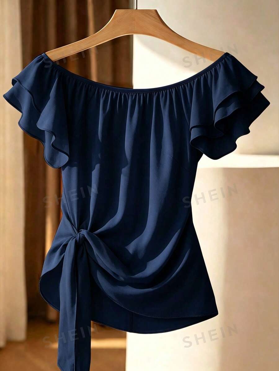 Franclia Plus Size French Style Off-Shoulder Ruffle Striped Top - Navy Blue - View 1