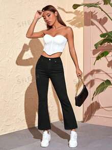 SHEIN EZwear 素色牛仔喇叭褲 - 黑色 - 查看 4