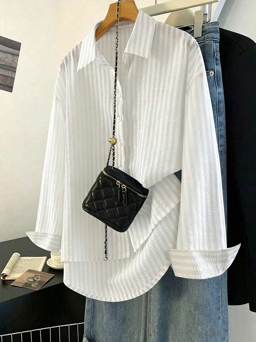 Franclia 女款條紋印花鈕扣前襟休閒長袖襯衫,適合四季穿著 - 白色 - 查看 1