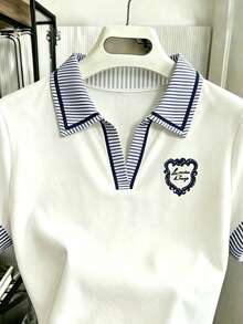 Resyla 女款條紋針織POLO衫 / V領短袖休閒上衣 / 徽章刺繡 / 適合日常穿著 / 工作與週末穿搭，送給她的絕佳禮物 - 彩色 - 查看 3