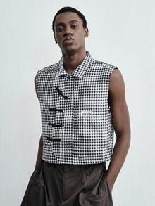 ROMWE MEN Street Life 2026 Men's Houndstooth Casual Frog Button Vest - Black and White - View 4