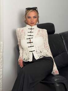 Jeta Ari Women's White Lace Black Button Waist Long Sleeve Blouse, Retro Palace Style Top, New Chinese Style Shirt, White Lace Long Sleeve Blouse, Semi-Sheer Lace Top, Suitable For Spring, Summer, Autumn, Elegant, Commute, Date, Party, Wedding, Graduation, Performance, Concert, Work, Back To School, Annual Meeting, Women's Birthday - Beige - View 6