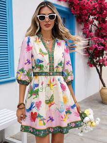 Vivid Eden Đầm nữ mùa hè phong cách Địa Trung Hải thanh lịch in họa tiết bướm cổ chữ V tay lồng đèn 3/4, mặc đi nghỉ dưỡng và thường ngày, thoáng khí và thoải mái cho những ngày hè, phù hợp cho kỳ nghỉ bãi biển phong cách Địa Trung Hải, đi chơi hàng ngày, chụp ảnh Santorini, hẹn hò với bạn gái và mọi dịp - Nhiều màu - Xem 7