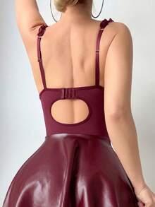 AltCore 4pcs Set Sexy Mesh Ruffle Hem PU Leather A-Line Skirt With Garter Belt - Burgundy - View 2