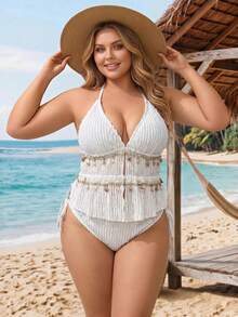 SHEIN CURVE+ 大尺碼V領無袖海灘細肩帶背心上衣 - 白色 - 查看 5