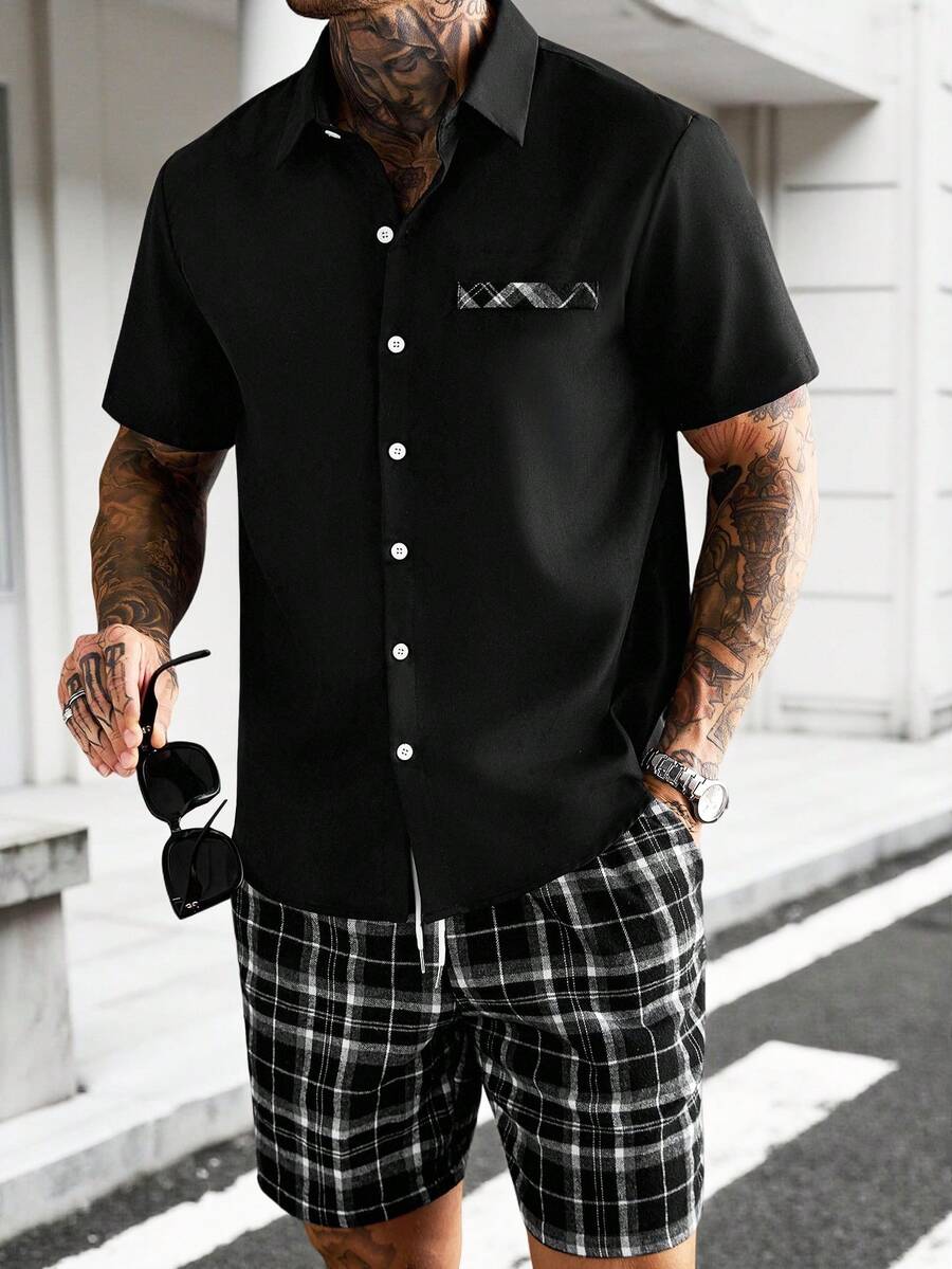 Manfinity CasualCool 男士单排扣短袖衬衫和格子抽绳腰带口袋短裤套装 - 彩色 - 查看 1