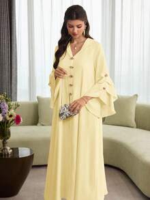 Al Najma Layered Floral Jacquard Hooded Cape With Ruffled Hem And Puff Sleeves, Elegant Robe - Light Yellow - View 5