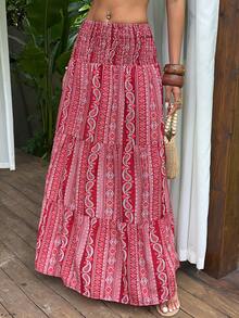 Sunnyshic Summer New Bohemian Casual Red And White Cashew Flower Patchwork Waist Cinched Flared Skirt Slimming Romantic For Vacation Beach - Hot Pink - View 5