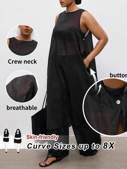 SHEIN CURVE+ Plus Size Sheer 2026 New Arrival SummerWomen's Urban Style Sleeveless Round Neck Semi-See-Through Top With Side Button Closure Long Blouse, Fashionable Casual Business Attire Sheer Dress Women's Black Top Outer Wear For Vintage Women Old Money Teacher For Women Romantic, Fashion, Versatile Summer Women Party Top Beach Holiday Vacation Going Out Graduation Elegant Women's Blouses Casual Blouses Formal Attire Work Office For Women