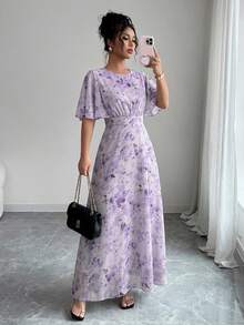 Modelyn 女士优雅圆领荷叶边喇叭袖修身飘逸雪纺长款连衣裙，春夏款 - 彩色 - 查看 1