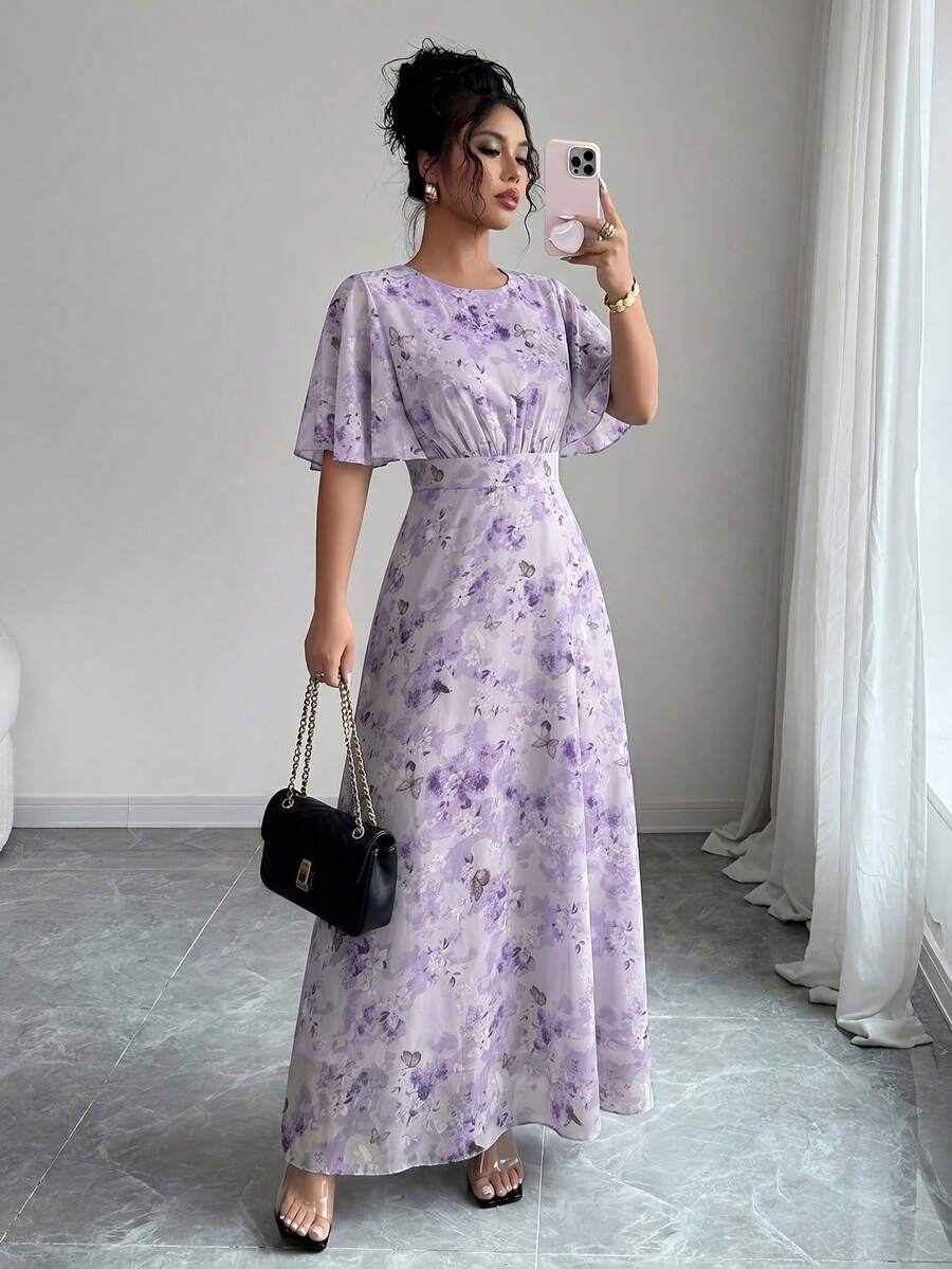 Modelyn 女士优雅圆领荷叶边喇叭袖修身飘逸雪纺长款连衣裙,春夏款 - 彩色 - 查看 1