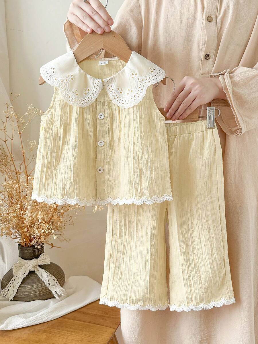 SHEIN Elladie kids ملابس بنات بطراز ريفي، طقم ملابس علوية بدون أكمام مطرز الذيل وبنطلون طويل قطعتين