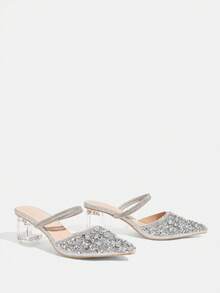 CUCCOO TILAWA Sepatu Hak Tinggi Wanita Modis dan Elegan dengan Hiasan Kristal, Berlian Imitasi, dan Renda Laser Warna Perak, Cocok untuk Jamuan, Pesta, dan Acara Lainnya. - Perak cerah - View 4