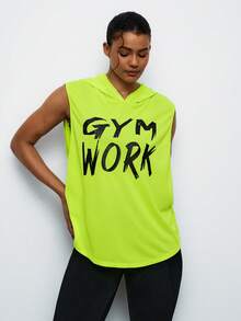 Levarali Plus Size Women Letter Print Hooded Sports Tank Top - Green - View 4