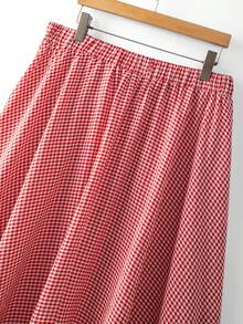SHEIN Clasi Plus Size Vintage Country Style Pleated Red Plaid Patchwork Lace Hem Skirt, Summer Fall - Red - View 4