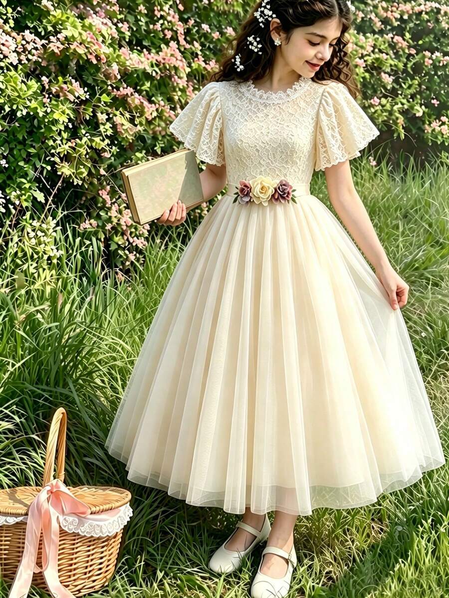 SHEIN Tween Girls Girls' White Lace Patchwork Mesh Long Dress, Graduation, Elegant, Outfit