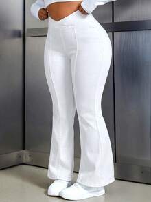 Flexra Plus Size Solid High Waist Flare Leg Skinny Fashion Jeans - White - View 9