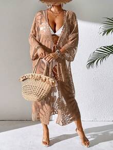 Swim Vcay Vacation Beach Embroidered Mesh Kimono Cover-Up - Khaki - View 4
