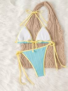 Bonvoyette-D Summer 2-Piece Set, Blue Striped Solid Asymmetric Vertical Striped Jacquard Knit Fabric Triangle Halter Tie-Back Cutout Waist Tie Beach - Multicolor - View 3