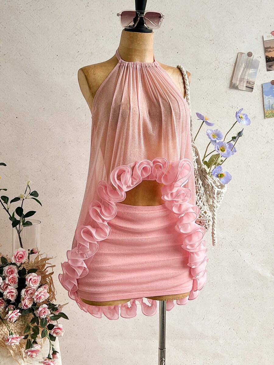 Soleia Women's Elegant Ruffle Backless Halter Top And Mini Skirt Set, Summer - Dusty Pink - View 1