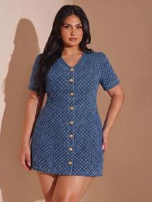 SHEIN CURVE+ 大尺碼女款 V 領提花丹寧 A 字洋裝，休閒日常夏季洋裝 - 藍色 - 查看 6