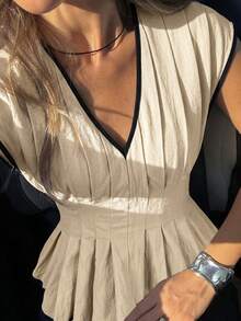 Siren Gaze 女款優雅休閒性感馬卡龍色夏季上衣 V領短袖百褶修身荷葉邊上衣 高爾夫早午餐辦公室職場商務穿搭 米色 - 杏色 - 查看 5