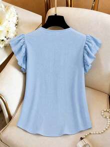Qadelle New Chinese Style Light Blue Pearl Embroidered V-Neck Ruffle Sleeve Blouse, Floral Design Commute Top - Blue - View 2