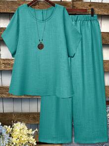Linhara Plus Size Women 2pcs Set - Solid Color Round Neck Short Sleeve Shirt And Wide Leg Pants - Cadet Blue - View 1