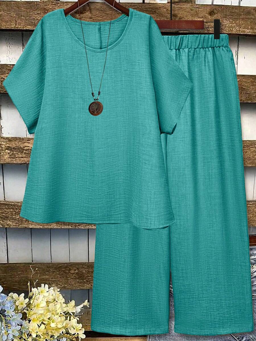 Linhara Plus Size Women 2pcs Set - Solid Color Round Neck Short Sleeve Shirt And Wide Leg Pants - Cadet Blue - View 1