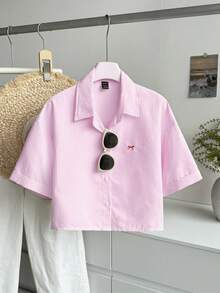 SHEIN Unity 女款藍色條紋蝴蝶刺繡寬鬆短袖短版上衣 - 彩色 - 查看 6