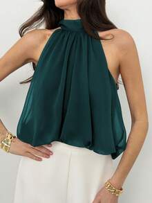 Aloruh Women's Summer Elegant Solid Color Pleated Halter Neck Top - Teal Blue - View 6