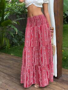 Sunnyshic Summer New Bohemian Casual Red And White Cashew Flower Patchwork Waist Cinched Flared Skirt Slimming Romantic For Vacation Beach - Hot Pink - View 3