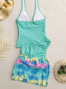 Swim Lushoire Women's Coconut Tree Print Metal Accessory Conservative Tropical Tankini Beach Club Vacation Turquoise Summer - Mint Blue - View 6