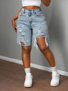 SHEIN Mädchen Große Tween Mädchen 3D Strass Dekorierte Blaue Denim Lockere Distressed Shorts - Blau - Übersicht 2