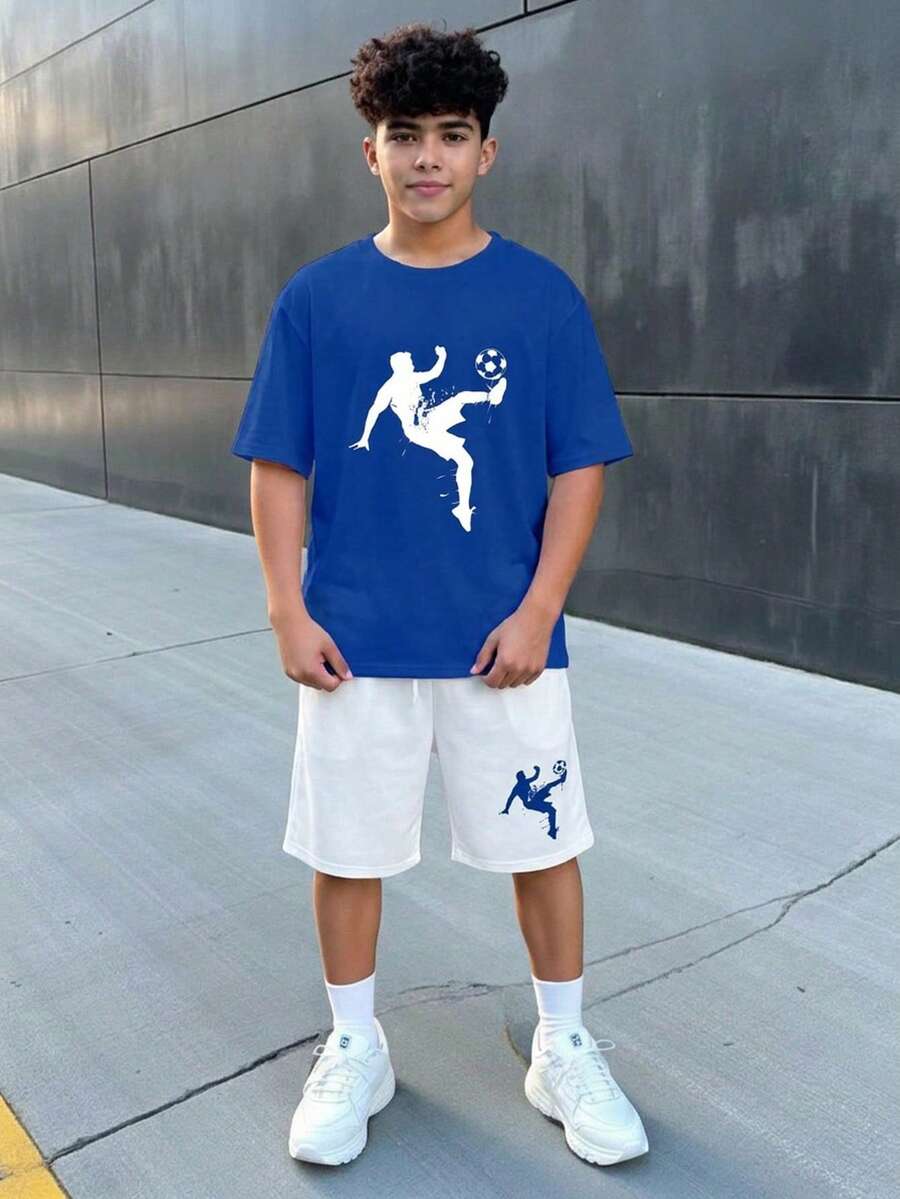 SHEIN 青少年男孩寬鬆街頭風短袖短褲套裝,適合生日派對、晚會、表演、婚禮、洗禮、開幕典禮,適用於日常穿著、上學、旅行、運動,適合春夏季穿搭 - 藍色 - 查看 1