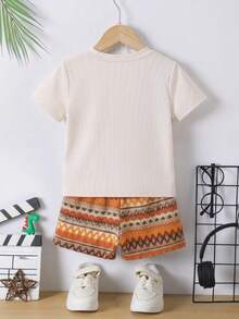 SHEIN Young Boy Round Neck Pocket Short Sleeve T-Shirt And Contrast Color Shorts Casual Daily Outfit - Khaki - View 2