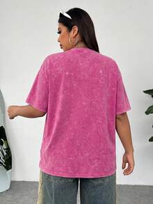Solflare Plus Size Acid Washed Look Vintage Knitted Distressed Loose Fit Short Sleeve T-Shirt, Rose Red - Hot Pink - View 2