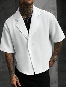 SLATEMANN Men's Solid Color Waffle Texture Wide Lapel Double-Breasted Loose Casual Short Sleeve Shirt, Formal - White - View 7
