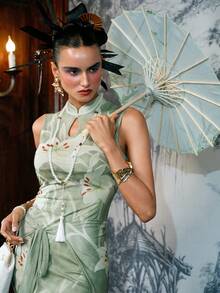 SHEIN 女士夏季网纱印花修身连衣裙 - 綠色 - 查看 7