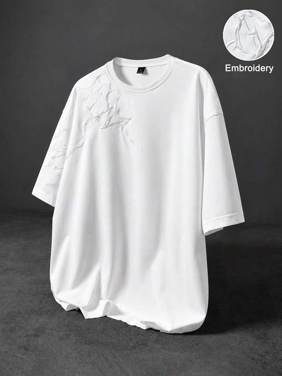 Manfinity Roghcode 男士街頭風熱門「自由」標誌刺繡圖案T恤,適合戶外音樂節、休閒出遊,送給男友/丈夫的禮物,週年紀念 - 白色 - 查看 1