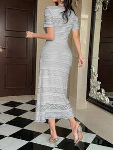 DAZY Women's Elegant Lace Solid Color Mid-Length Dress, Spring/Summer Tea Party Dark Grey Sundress - Grey - View 2