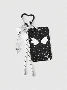 ROMWE Kawaii 1個時尚波點卡套印花圖案附蝴蝶結珠飾包包配件扣環，適用於裝飾手提包、斜背包、後背包等 - 黑色波點卡套 - 查看 1
