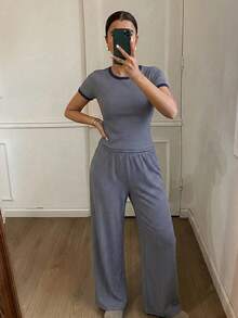 DAZY Women's Round Neck Striped Short Sleeve Top And Long Pants Casual Daily Homewear Set - Navy Blue - View 6