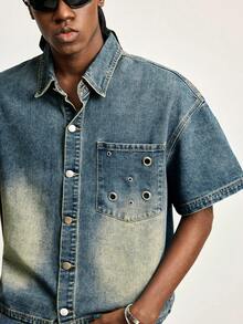 ROMWE MEN Grunge Punk Áo sơ mi denim vintage đã qua xử lý dành cho nam, áo khoác tay ngắn cổ bẻ dáng rộng thoải mái, hàng mới mùa hè. - Màu xanh lam - Xem 5