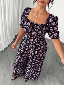SHEIN Clasi Plus Size Women Ditsy Floral Short Sleeve U-Neck Casual Elegant Jumpsuit Vacation Black And White Summer - Black - View 6